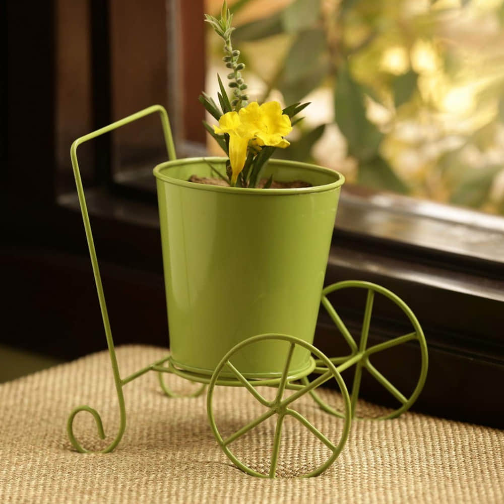 Home Decor 'Plant On Wheels' Table and Floor Decorative Metal Flower Planter Pot - photo