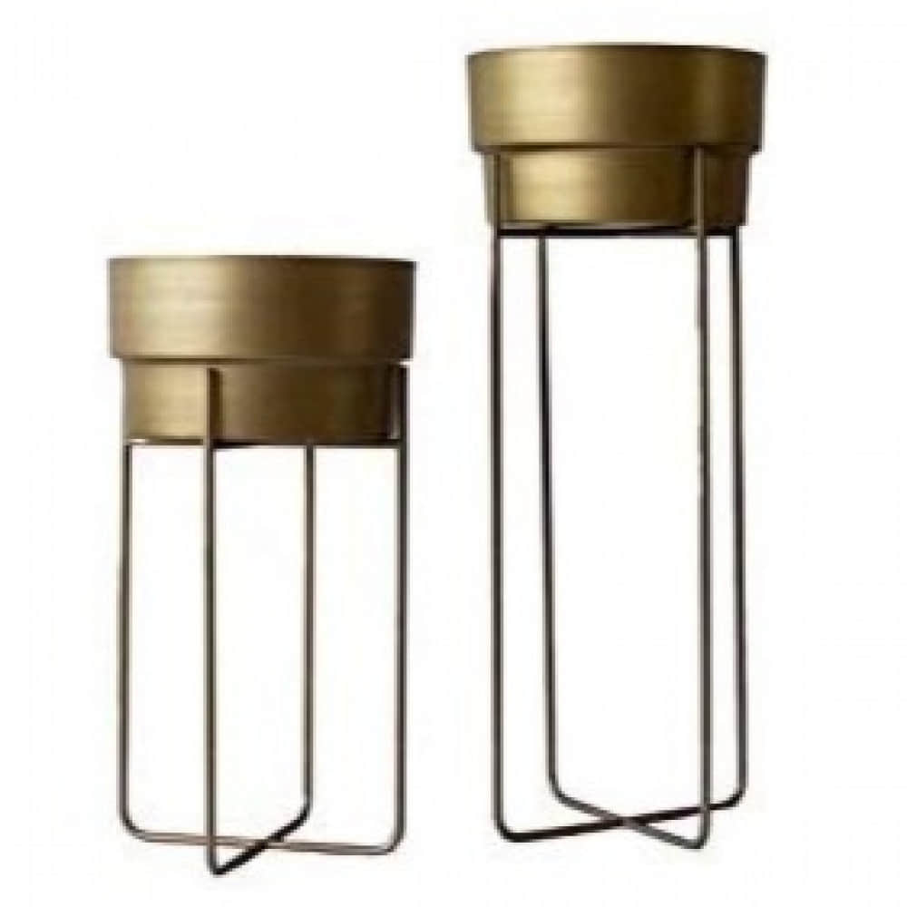 Home Decor Golden Centuria Metal Plant Pot Set | Indoor Round Planter with Metal Stand (Set of 2) - photo