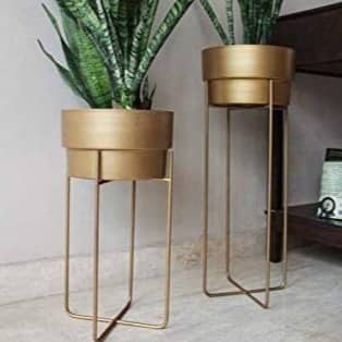 Home Decor Golden Centuria Metal Plant Pot Set | Indoor Round Planter with Metal Stand (Set of 2)