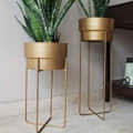 Home Decor Golden Centuria Metal Plant Pot Set | Indoor Round Planter with Metal Stand (Set of 2) - top_view