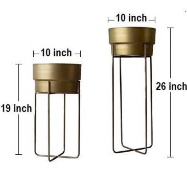 Home Decor Golden Centuria Metal Plant Pot Set | Indoor Round Planter with Metal Stand (Set of 2)