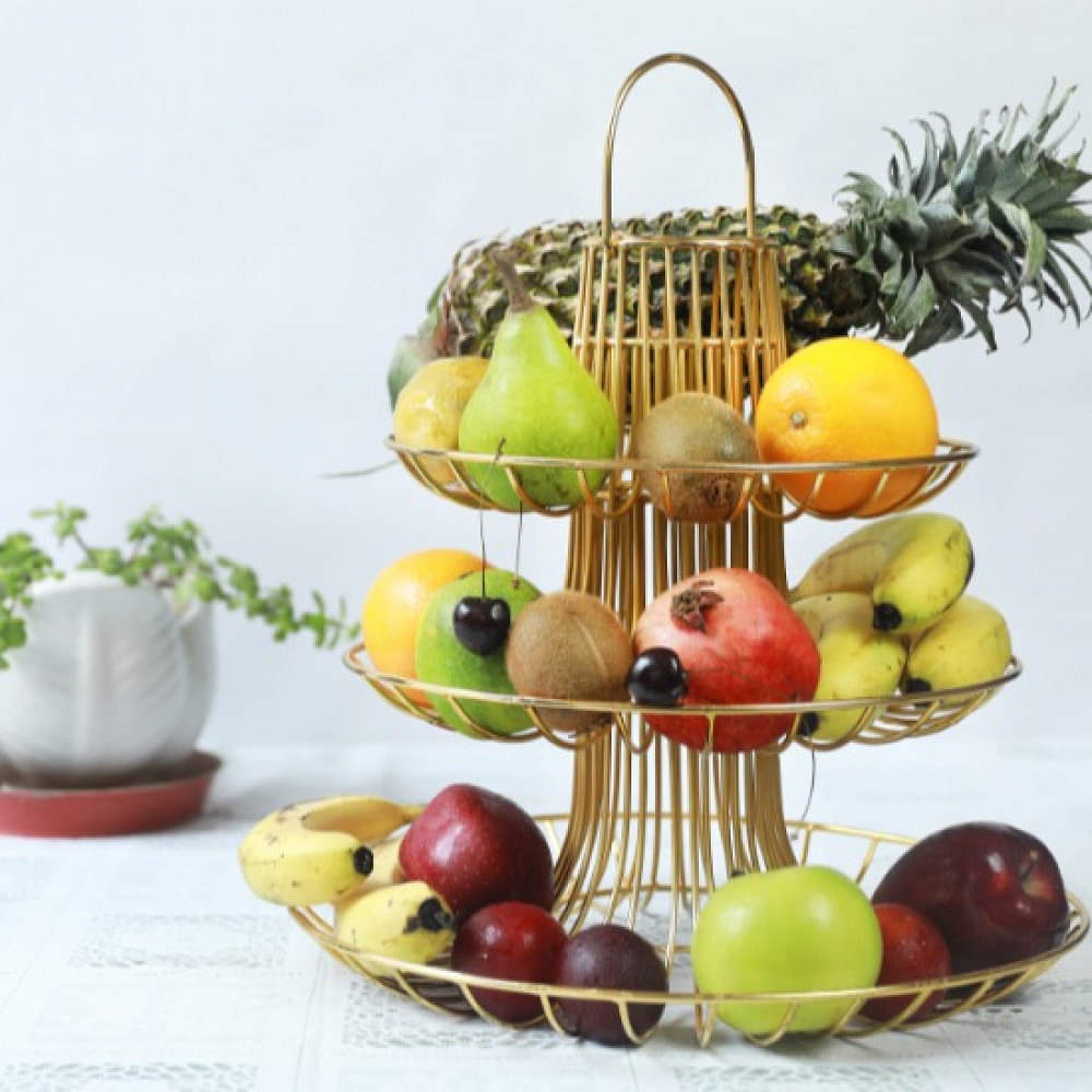 Tuxédo 3-Tier Fruit Basket Steel Fruit & Vegetable Basket, Fruit Storage Basket, Countertop for Kitchen, Vegetable Fruit Basket Bowl Metal Wire Basket, Gold Medium - photo