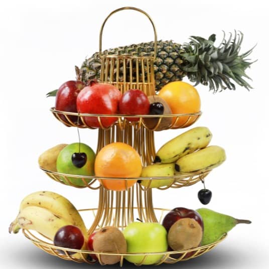Tuxédo 3-Tier Fruit Basket Steel Fruit & Vegetable Basket, Fruit Storage Basket, Countertop for Kitchen, Vegetable Fruit Basket Bowl Metal Wire Basket, Gold Medium