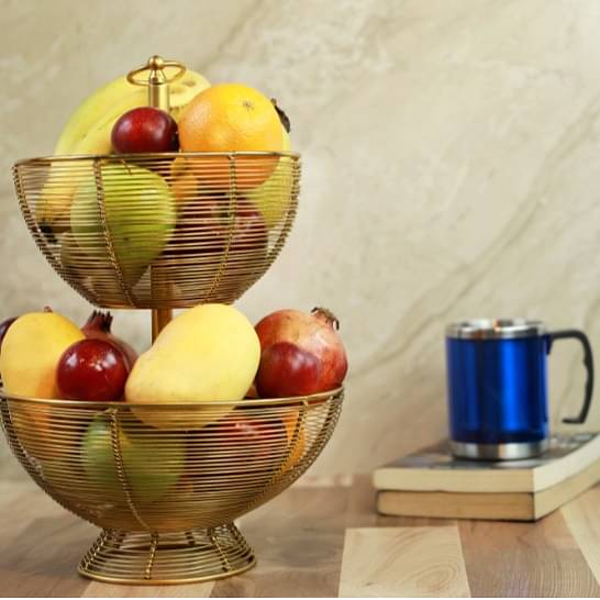 Tuxédo Duplex Fruit Basket Steel Fruit & Vegetable Basket, Fruit Storage Basket, Countertop for Kitchen, Vegetable Fruit Basket Bowl Metal Wire Basket, Gold Medium