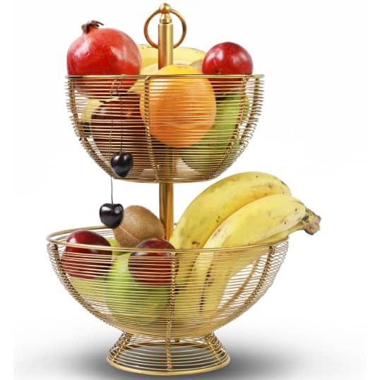 Tuxédo Duplex Fruit Basket Steel Fruit & Vegetable Basket, Fruit Storage Basket, Countertop for Kitchen, Vegetable Fruit Basket Bowl Metal Wire Basket, Gold Medium