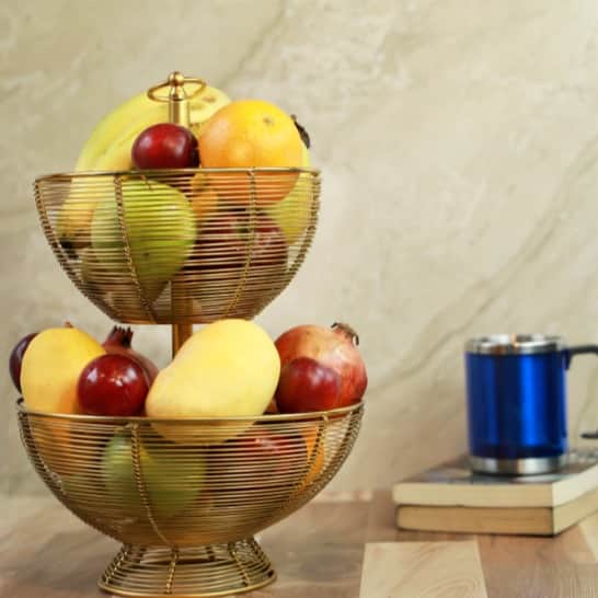 Tuxédo Duplex Fruit Basket Steel Fruit & Vegetable Basket, Fruit Storage Basket, Countertop for Kitchen, Vegetable Fruit Basket Bowl Metal Wire Basket, Gold Medium - left_view