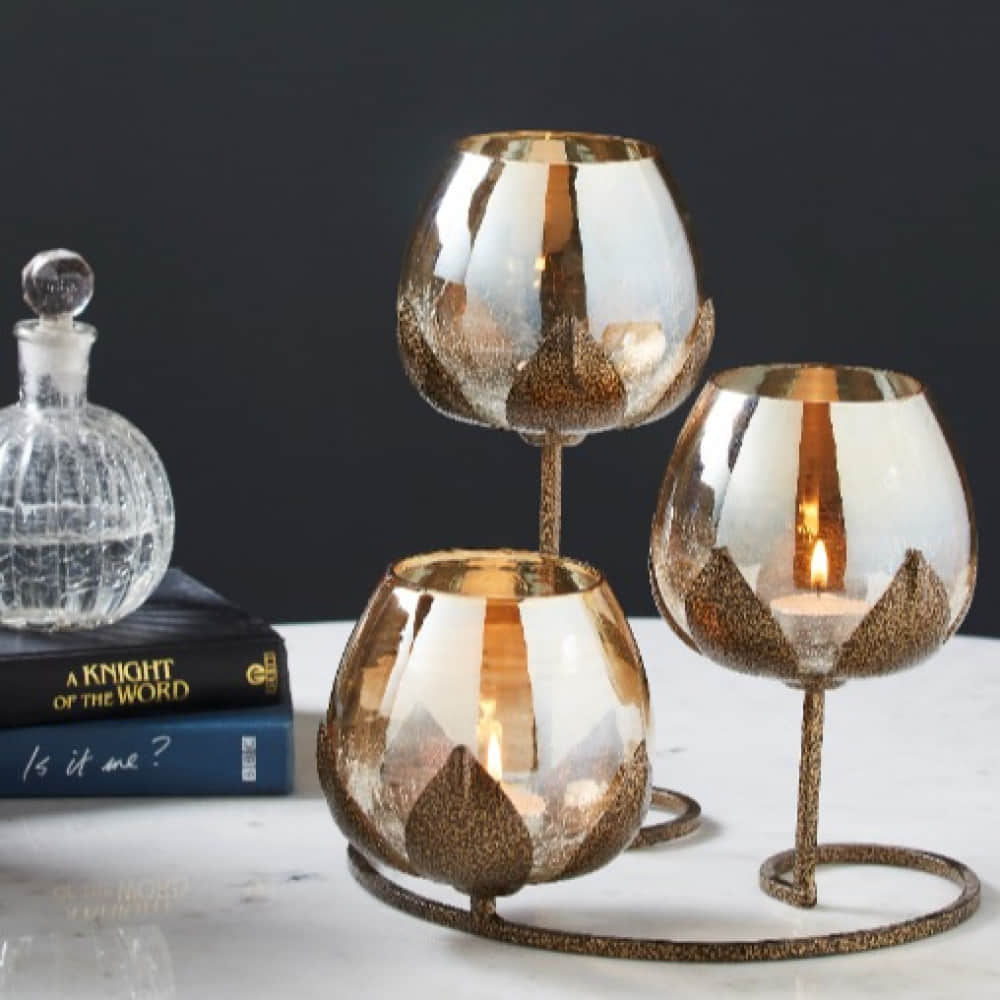 Tuxédo 3pc Gold Glass Candle Holders - 3- Candlesticks Holders Gold Glass Candle for Home Decoration Dinning Table Decoration Candle Wedding Holiday Décor - photo