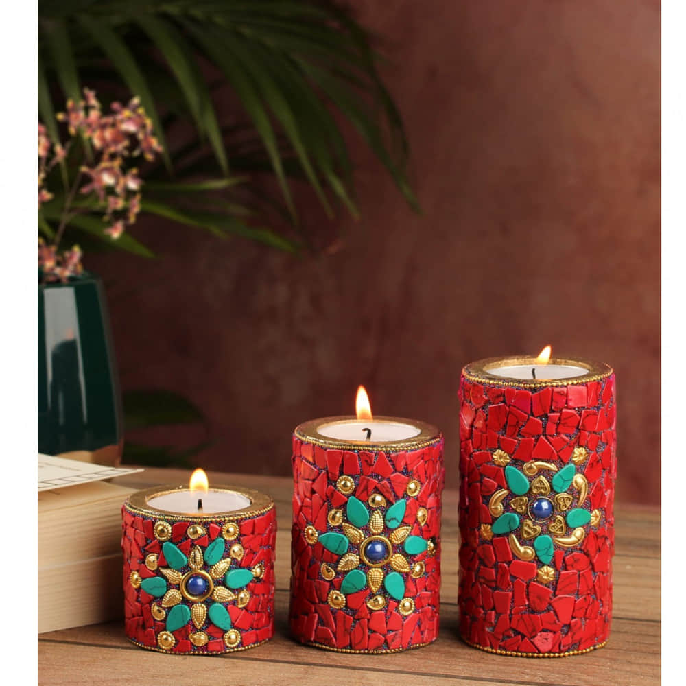 Wooden Candle Holder Red Nepali Stone - photo
