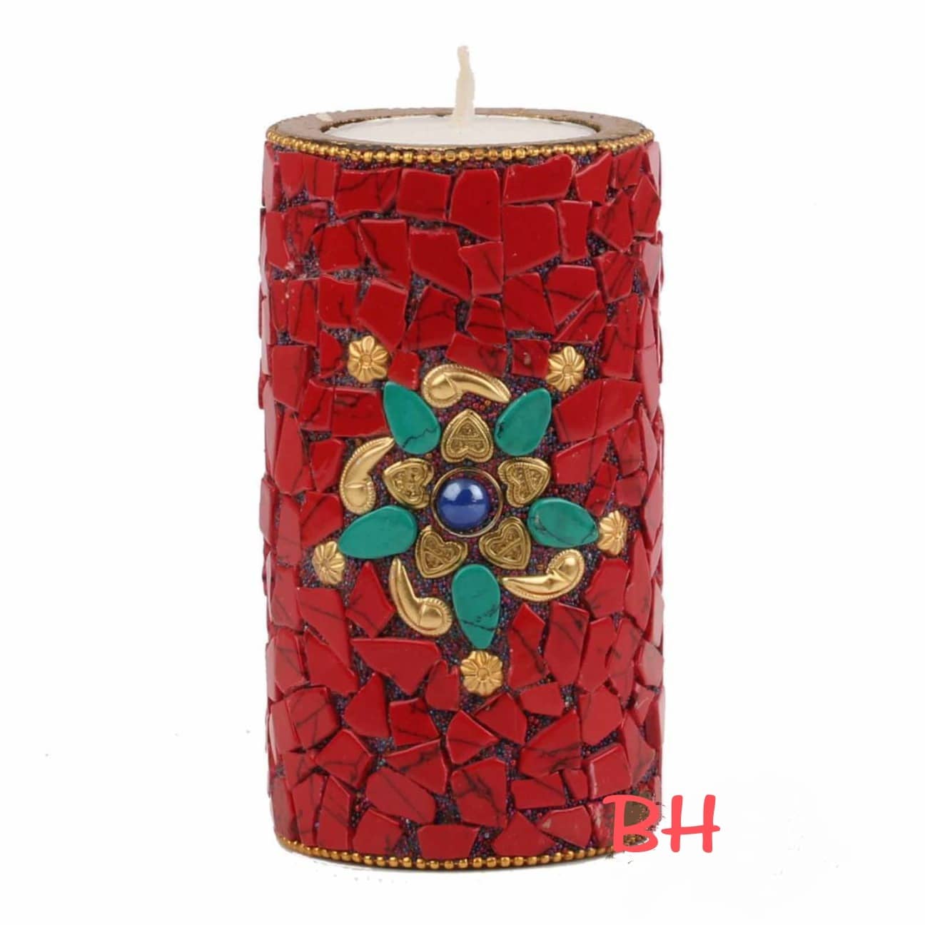 Wooden Candle Holder Red Nepali Stone