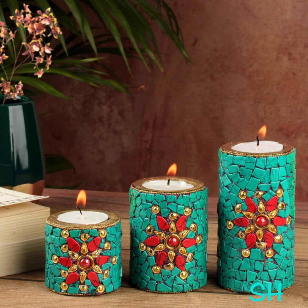 Wooden Candle Holder green Nepali Stone - photo