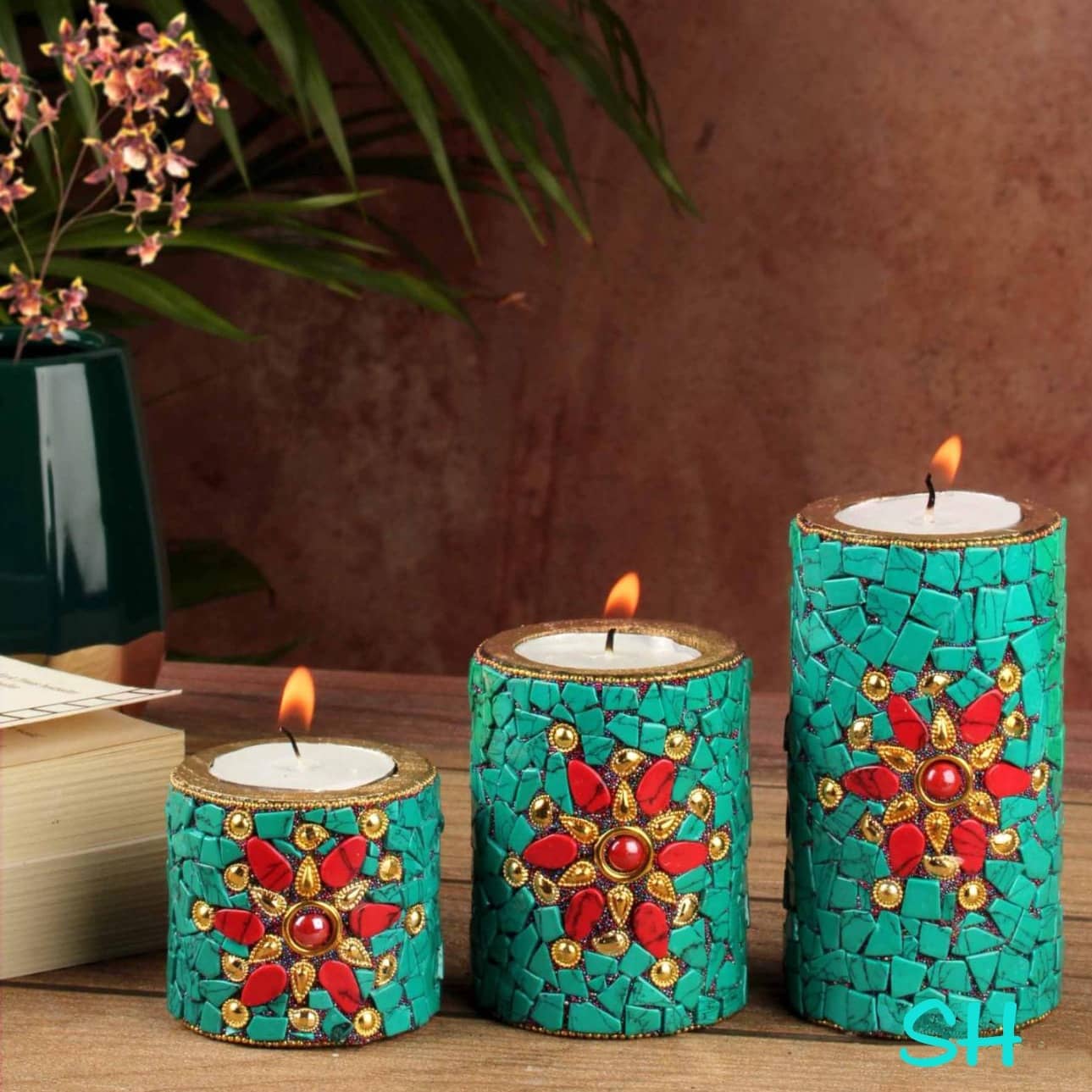 Wooden Candle Holder green Nepali Stone