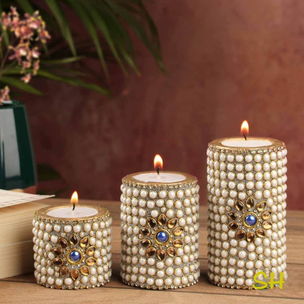 Wooden Candle Holder white cutting Stone Set of 3 Wood - photo