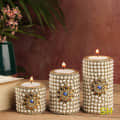 Wooden Candle Holder white cutting Stone Set of 3 Wood - front_view