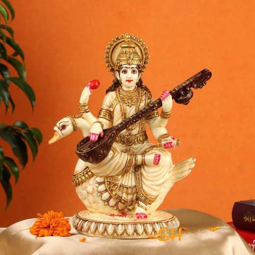 Lord Saraswati Statue Fine Gold Plating