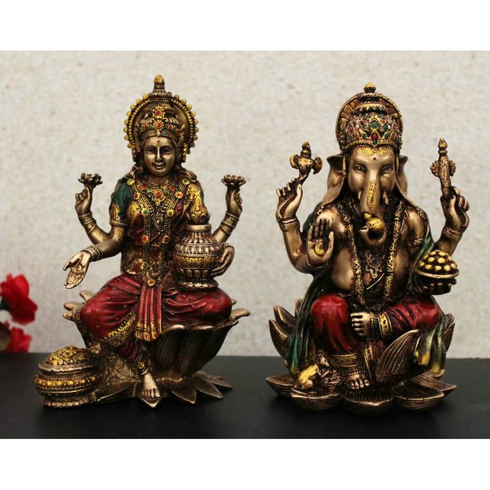 Lakshmi Ganesha Statue, Resin Ganesha Laxmi Statue, Diwali gift, Ganesha for altar, Copper Finish Resin Goddess, Wedding Decor Statue - front_view