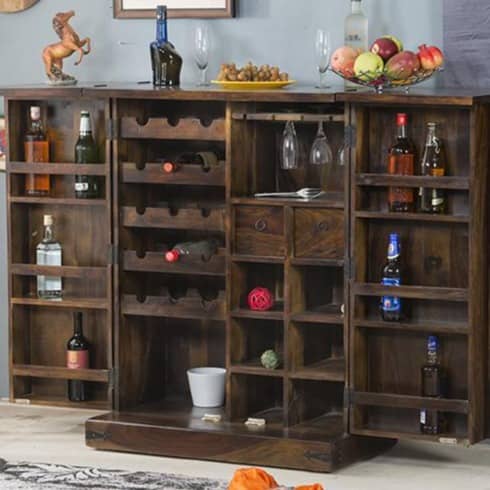 Sheesham Wood Home Bar Cabinet in Walnut Finish