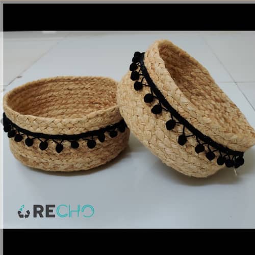 Recho Woven Jute Baskets with PomPom Lace - Set of 2, for Plants, Organizer, Storage, Make up