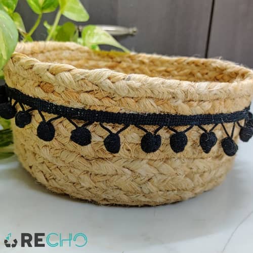 Recho Woven Jute Baskets with PomPom Lace - Set of 2, for Plants, Organizer, Storage, Make up