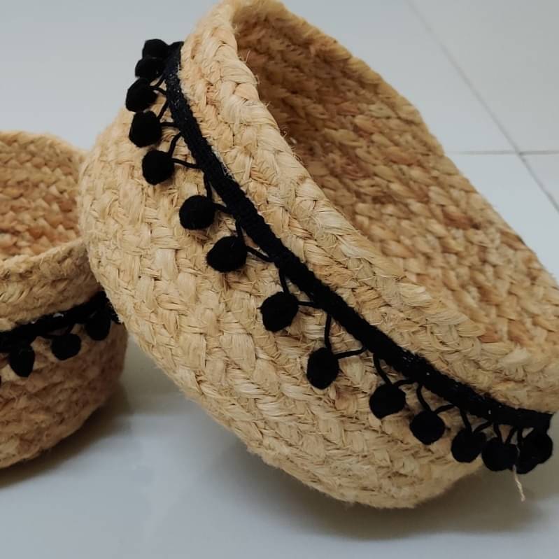 Recho Woven Jute Baskets with PomPom Lace - Set of 2, for Plants, Organizer, Storage, Make up
