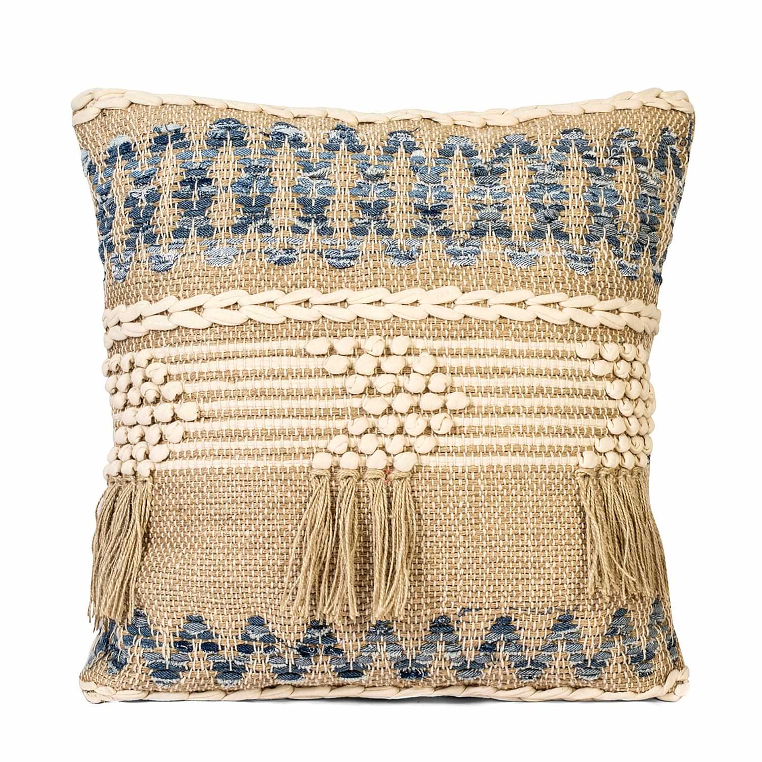 Neutral Beige Cotton & Jute Boho Style Upcycled Denim Handwoven Cushion Cover Pack of 1 | Size 20x20 inches - photo