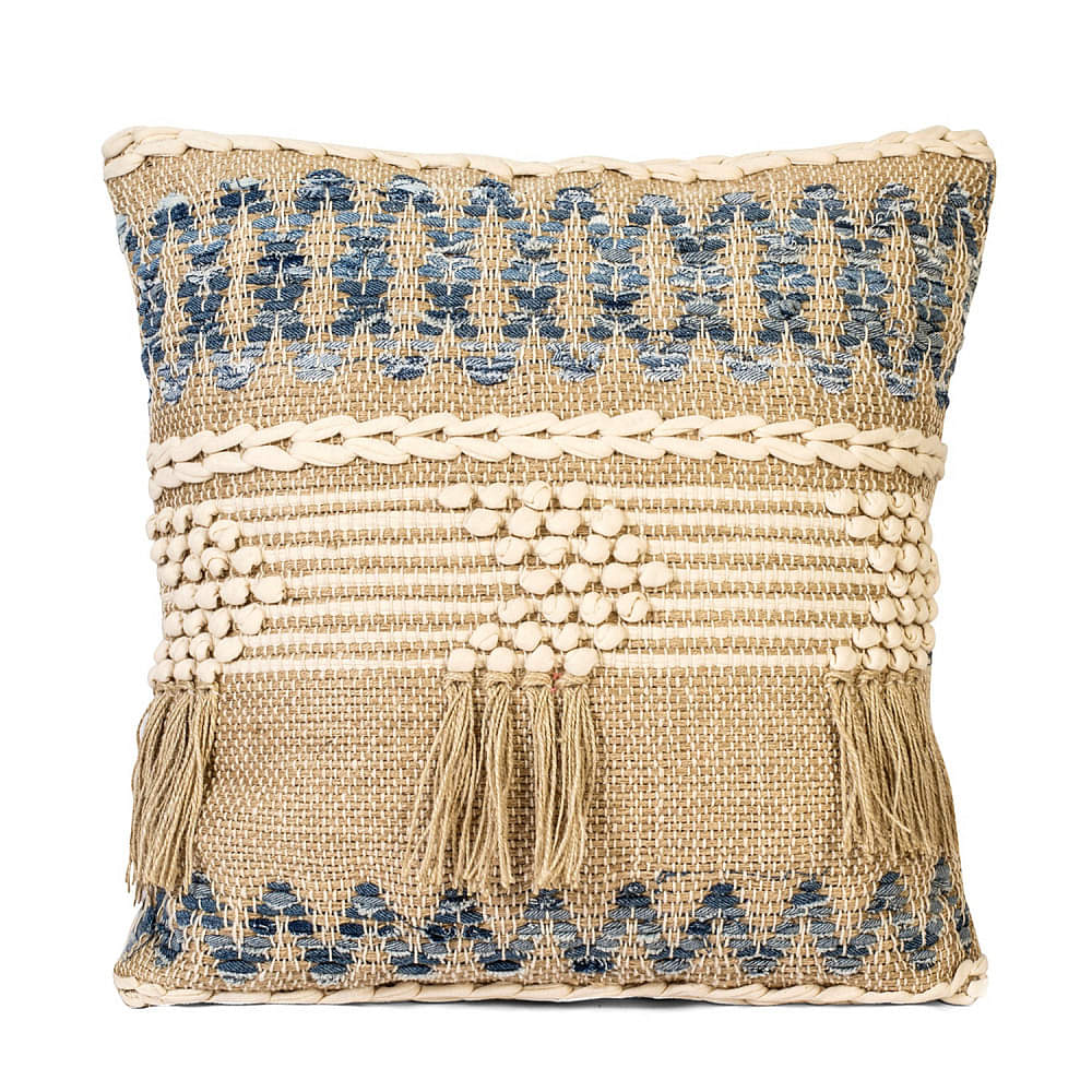 Neutral Beige Cotton & Jute Boho Style Upcycled Denim Handwoven Cushion Cover Pack of 1 | Size 20x20 inches - photo