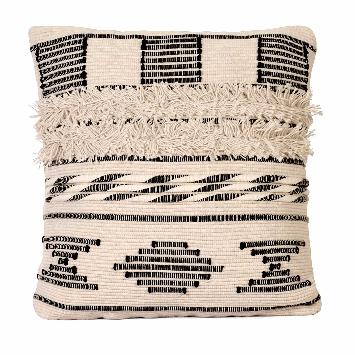 Nomaadi Boho Black & Ivory Fuzzy 18 x 18 Inches Handcrafted Cotton Cushion, Throw Pillow Cover for Home Decor Handmade Rug Pillow Cover for Sofa Antique Design Cushion Cover for Living Room Decor | Pack of 1 - photo