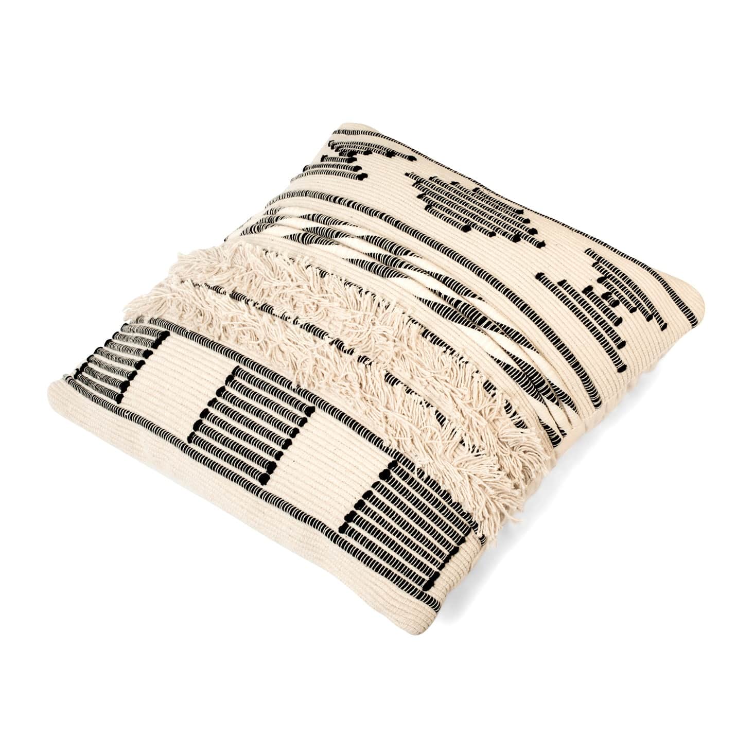Nomaadi Boho Black & Ivory Fuzzy 18 x 18 Inches Handcrafted Cotton Cushion, Throw Pillow Cover for Home Decor Handmade Rug Pillow Cover for Sofa Antique Design Cushion Cover for Living Room Decor | Pack of 1 - front_view