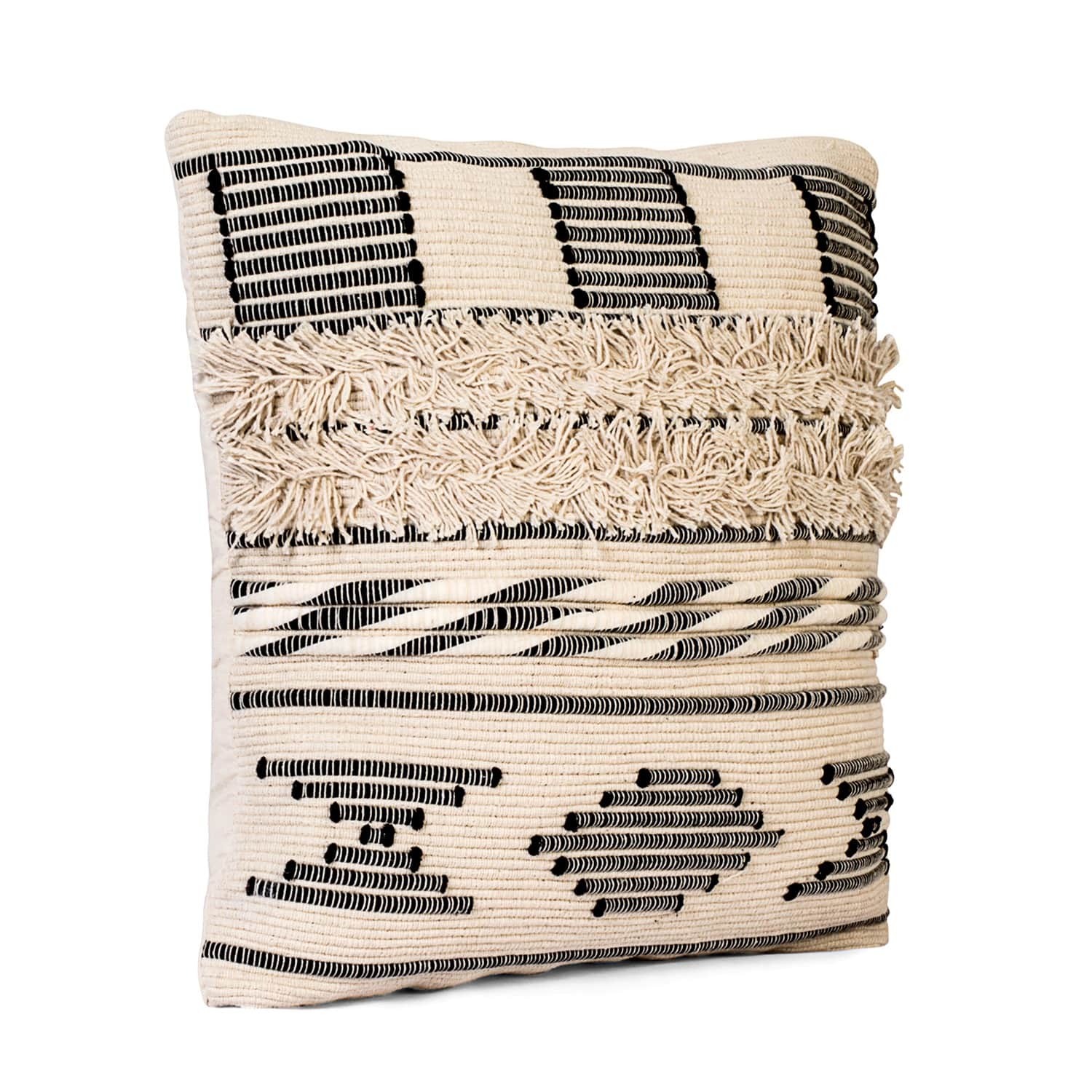 Nomaadi Boho Black & Ivory Fuzzy 18 x 18 Inches Handcrafted Cotton Cushion, Throw Pillow Cover for Home Decor Handmade Rug Pillow Cover for Sofa Antique Design Cushion Cover for Living Room Decor | Pack of 1 - top_view