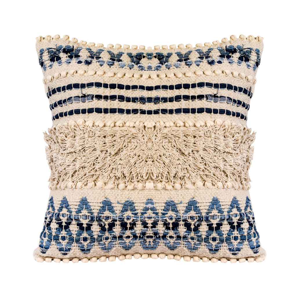 Nomaadi 20 x 20 Inches Cotton & Jute Cushion Denim Ethnic Throw Pillow Cover for Home Decor Hand Woven Rug Pillow Cover for Sofa Antique Design Cushion Cover for Living Room Decor | Pack of 1 - photo