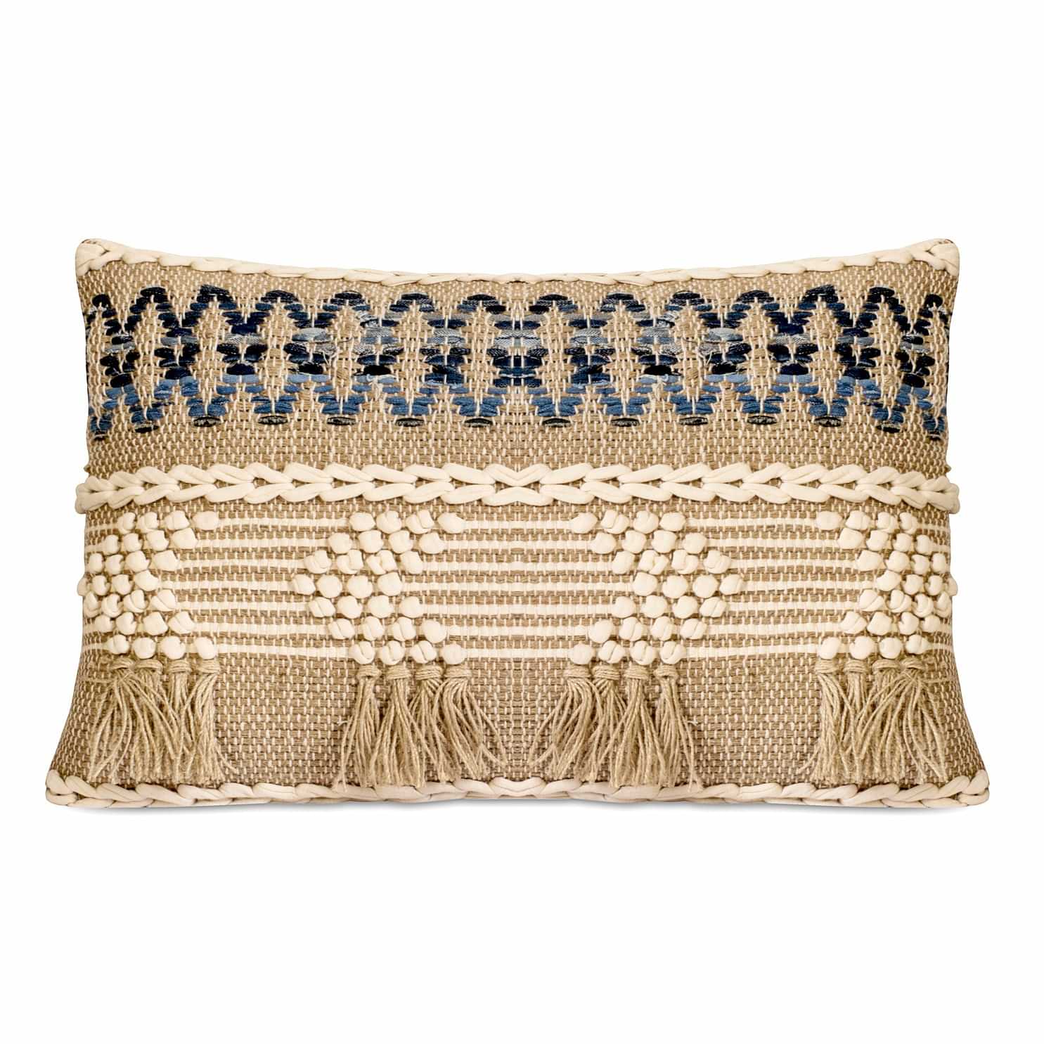 Nomaadi Cotton & Jute Upcycled Denim Lumbar Boho Style Handmade Cushion Cover, Set of 1 (16 x 24 Inches) - photo