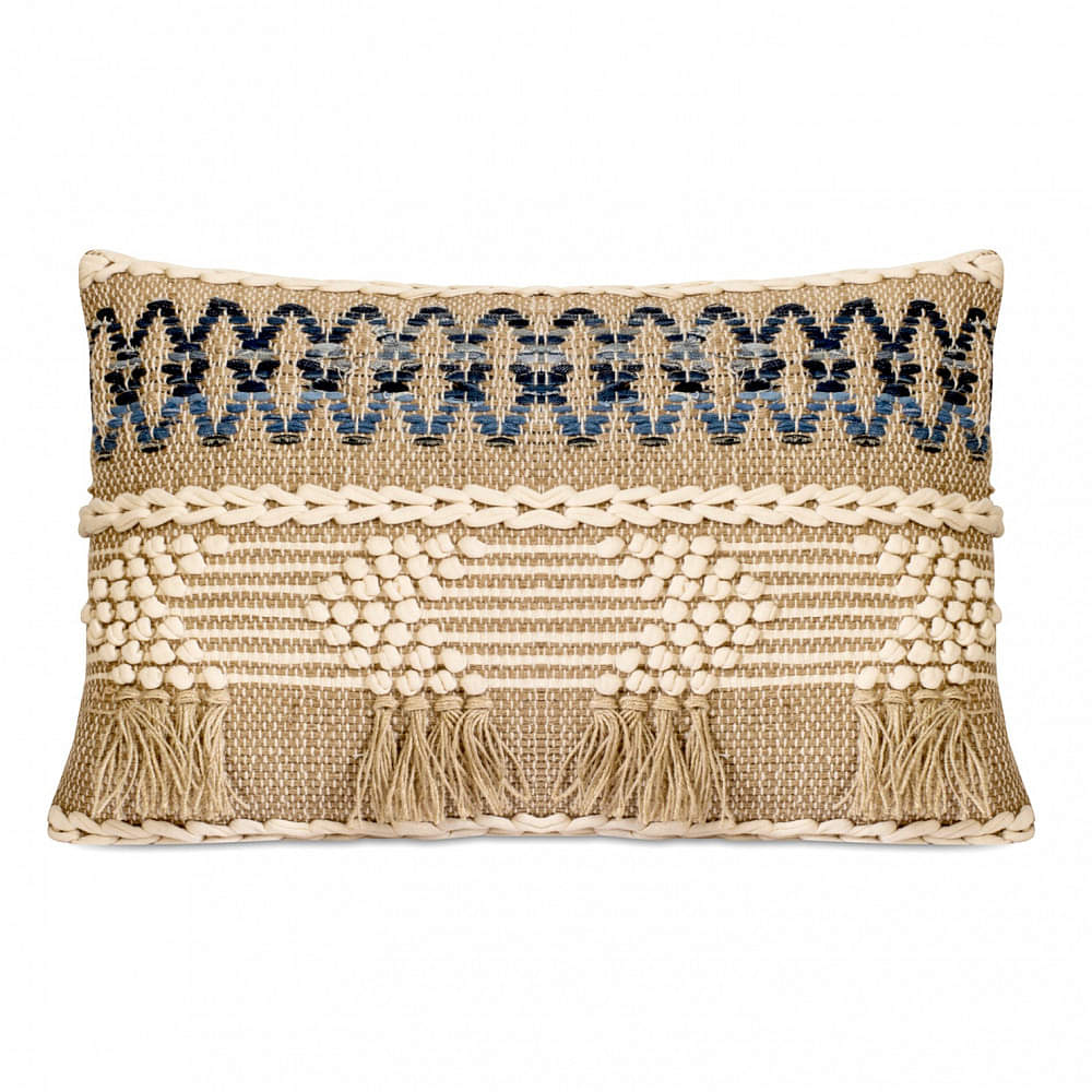 Nomaadi Cotton & Jute Upcycled Denim Lumbar Boho Style Handmade Cushion Cover, Set of 1 (16 x 24 Inches) - photo