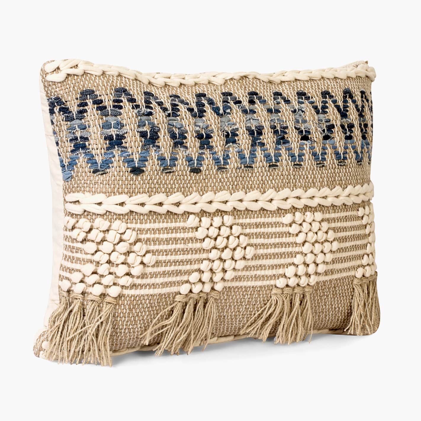 Nomaadi Cotton & Jute Upcycled Denim Lumbar Boho Style Handmade Cushion Cover, Set of 1 (16 x 24 Inches) - front_view
