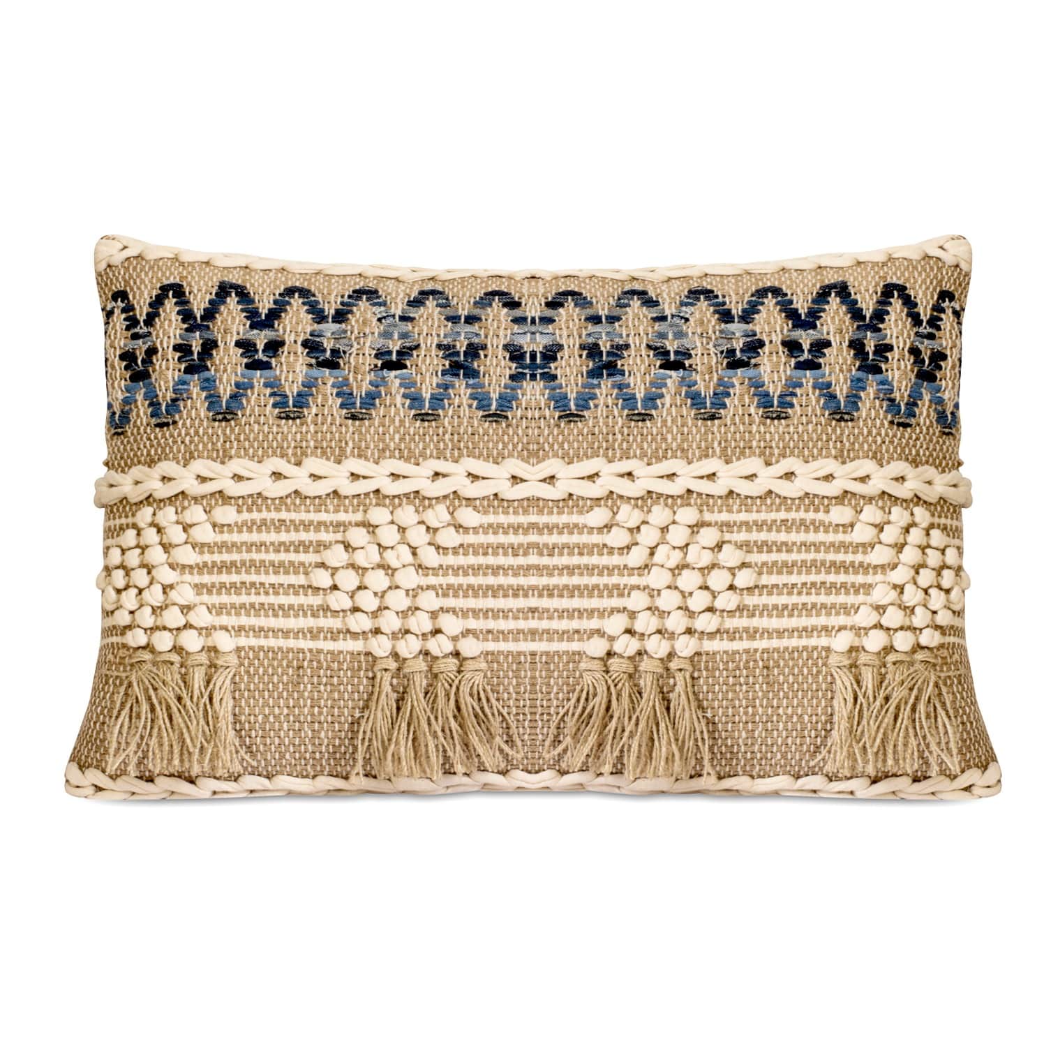 Nomaadi Cotton & Jute Upcycled Denim Lumbar Boho Style Handmade Cushion Cover, Set of 1 (16 x 24 Inches) - rear_view