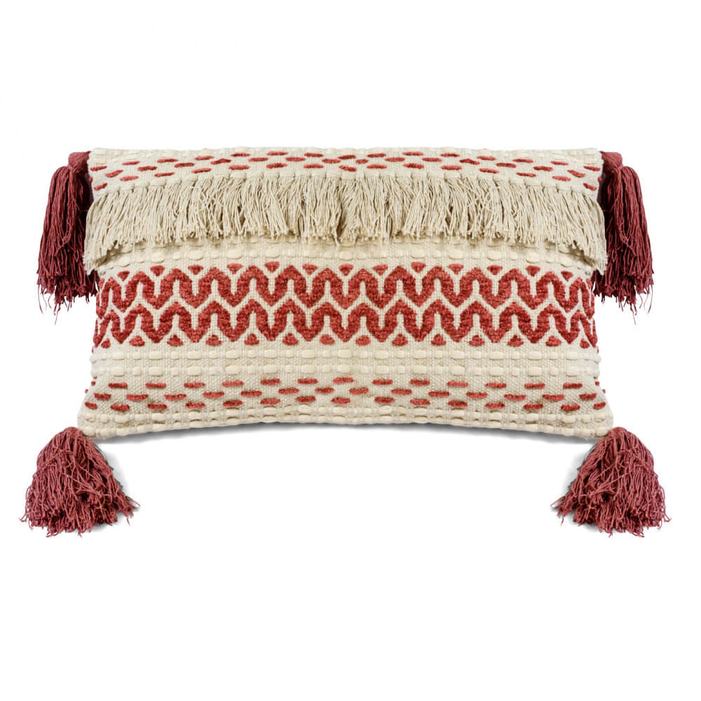 Nomaadi Pink Maktabi Cotton Chenille Handmade Boho Lumbar Cushion Cover with Tassels (16x24 Inches) for Sofa, Bedroom & Living Room - photo