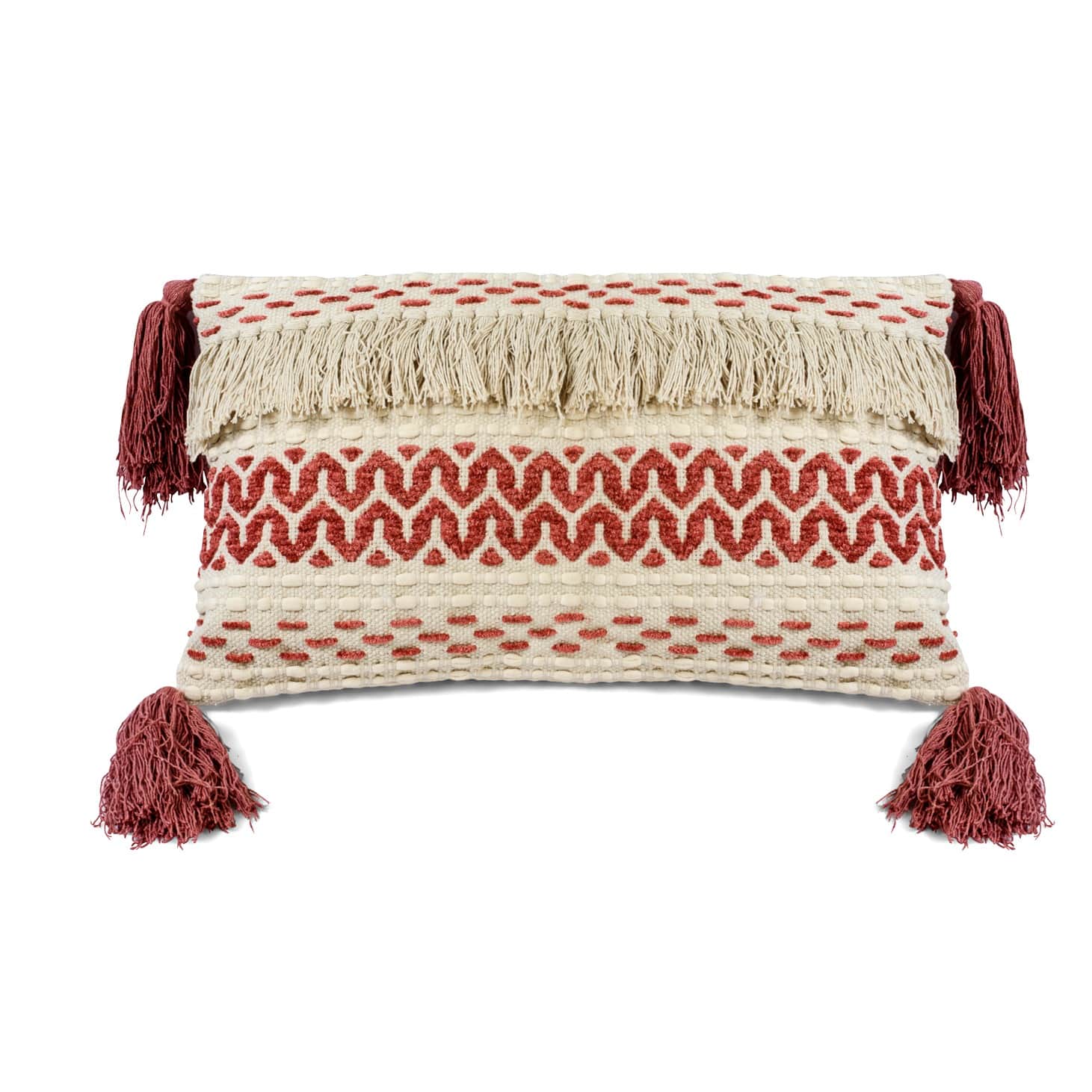Nomaadi Pink Maktabi Cotton Chenille Handmade Boho Lumbar Cushion Cover with Tassels (16x24 Inches) for Sofa, Bedroom & Living Room - front_view