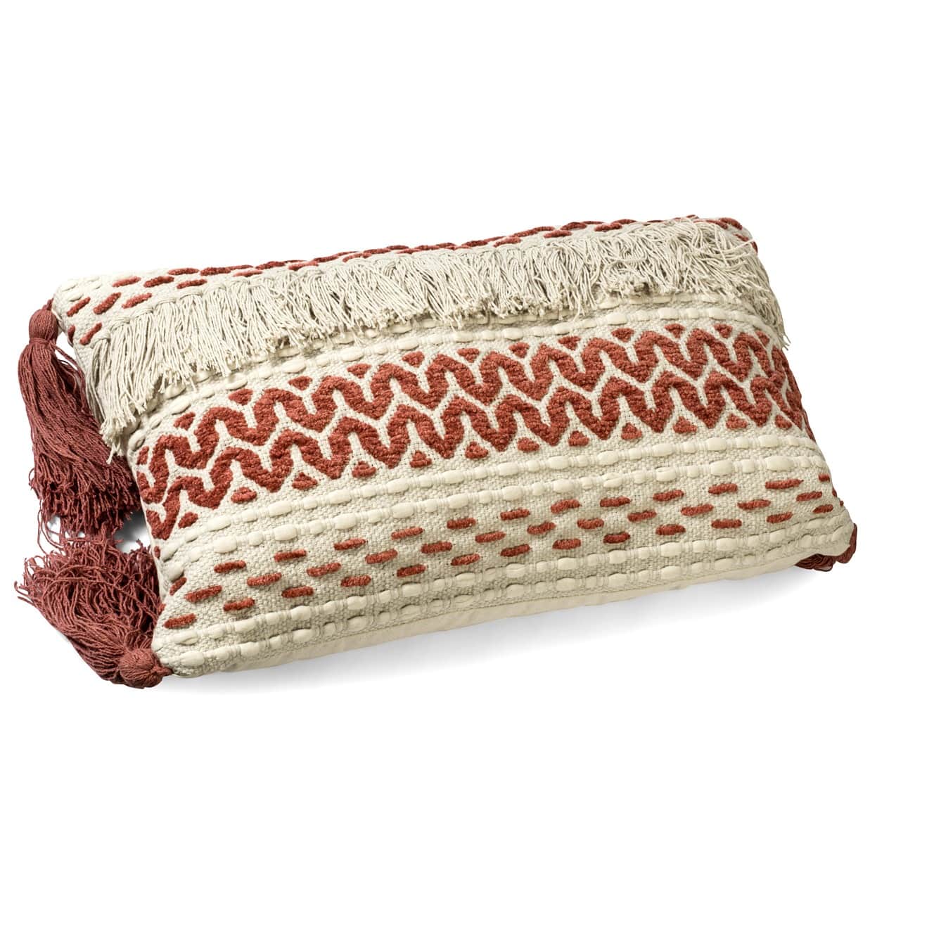 Nomaadi Pink Maktabi Cotton Chenille Handmade Boho Lumbar Cushion Cover with Tassels (16x24 Inches) for Sofa, Bedroom & Living Room - top_view