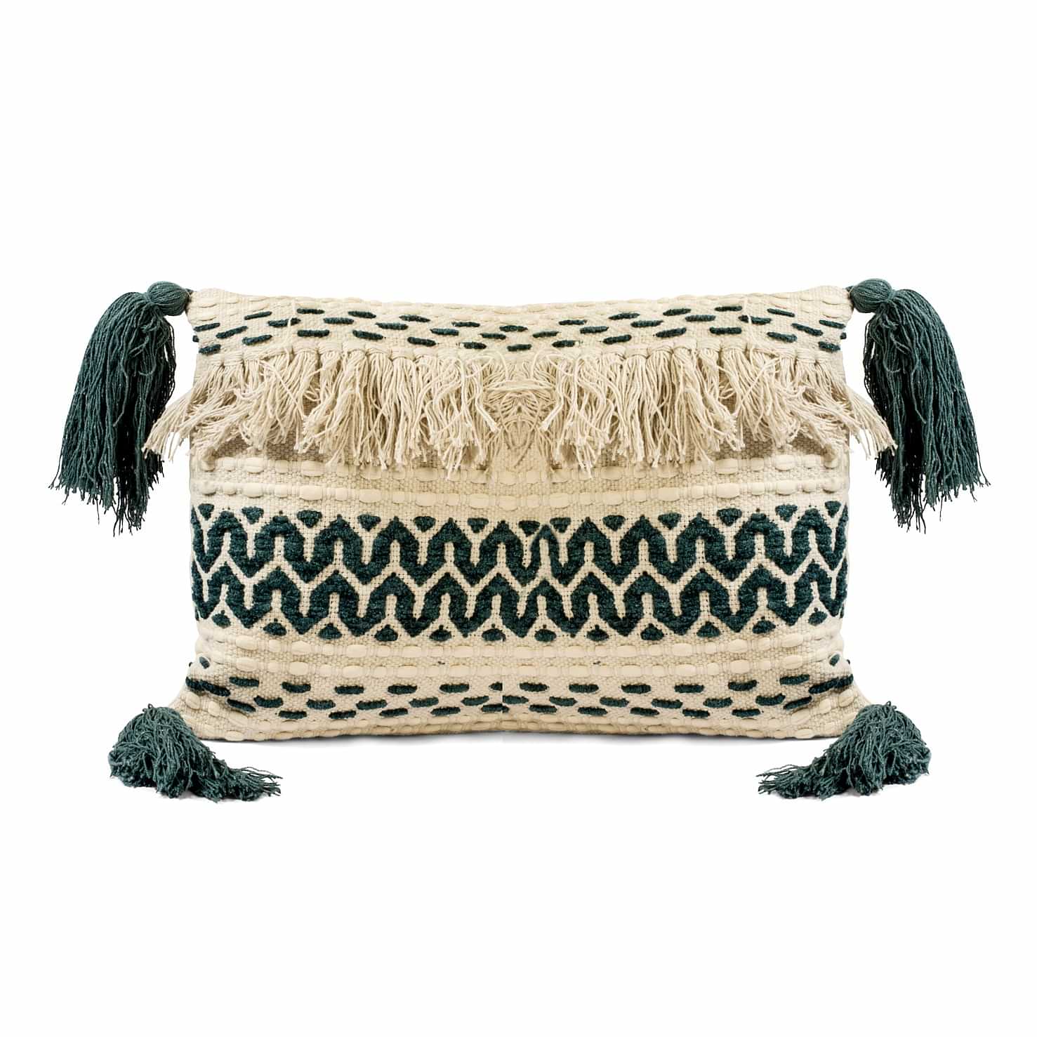 Nomaadi Boho Rectangle Jute Cushion Cover with Tassel - 16x24 Inches, Cream & Bottle Green - photo