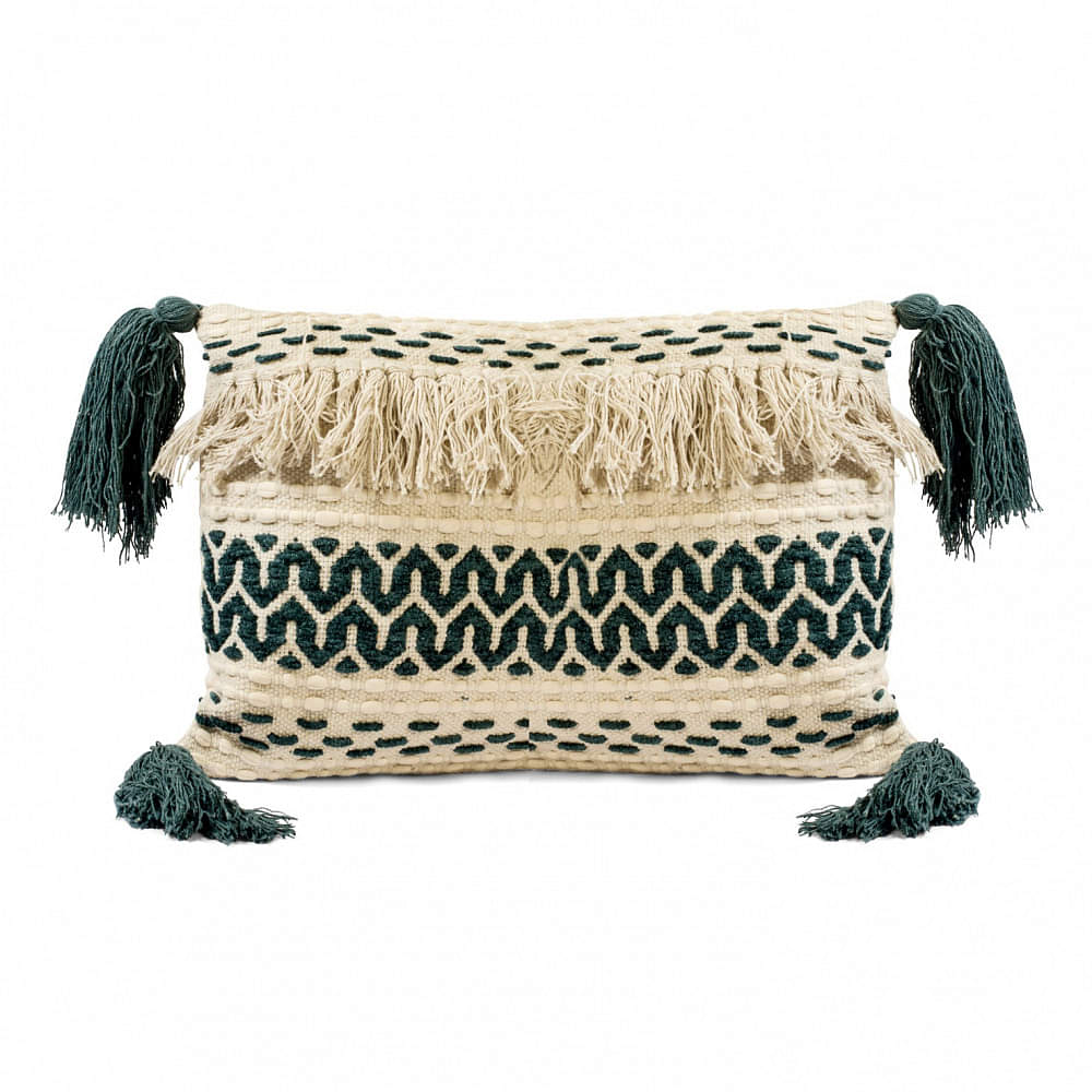Nomaadi Boho Rectangle Jute Cushion Cover with Tassel - 16x24 Inches, Cream & Bottle Green - photo