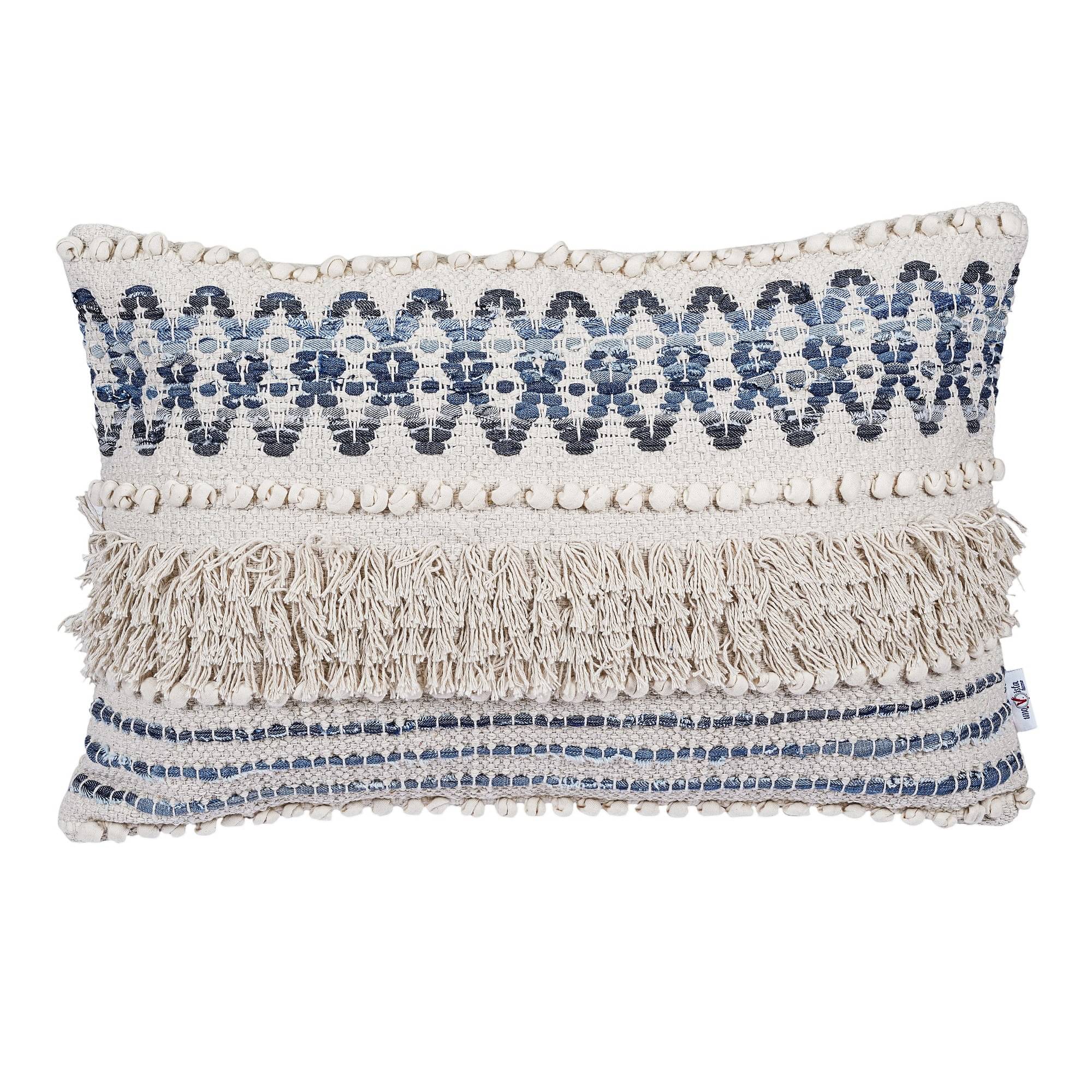 Nomaadi Denim & Cotton Lumbar Premium Boho Cushion Cover for Sofa, Bedroom & Living Room (Size- 16 x 24 inches)