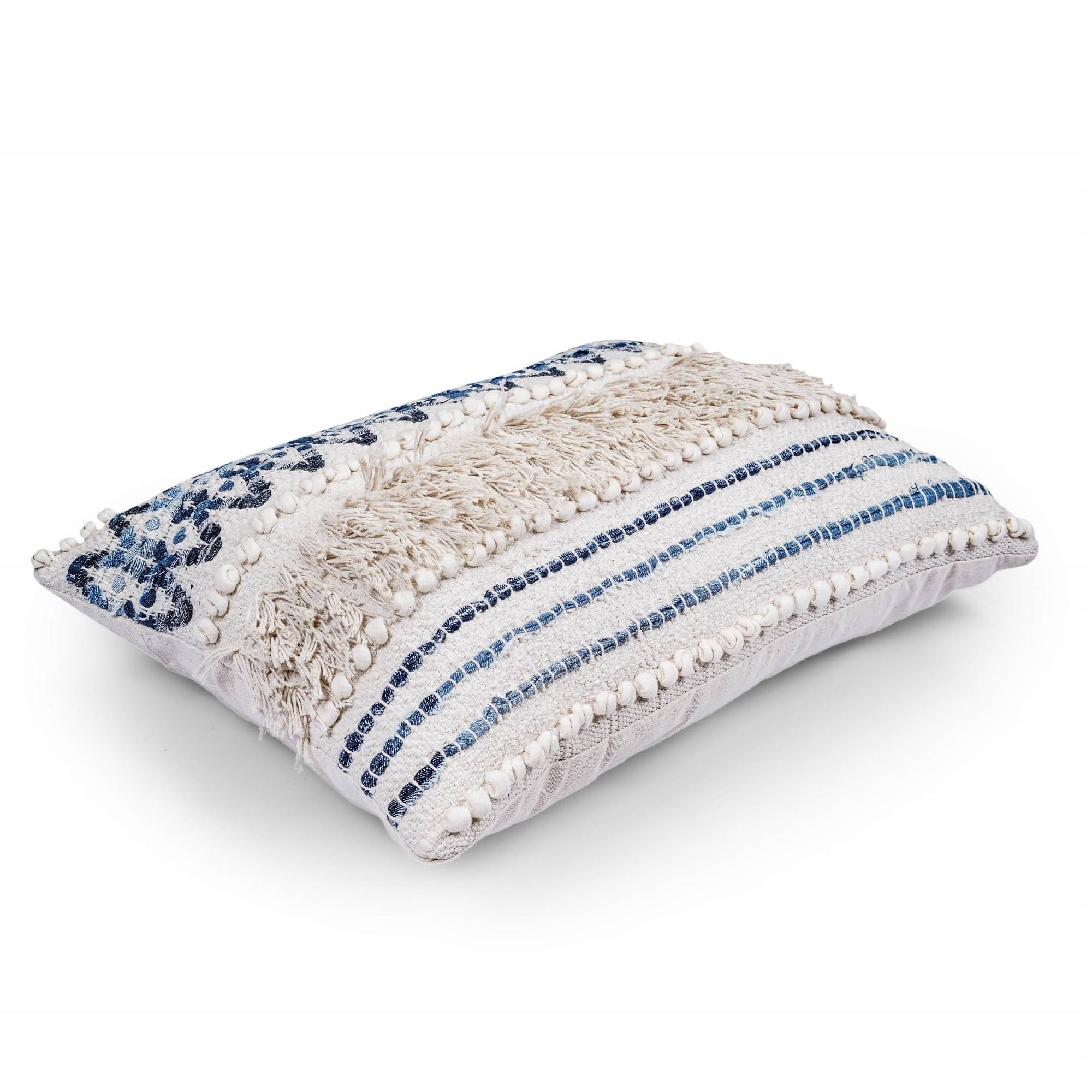 Nomaadi Denim & Cotton Lumbar Premium Boho Cushion Cover for Sofa, Bedroom & Living Room (Size- 16 x 24 inches)