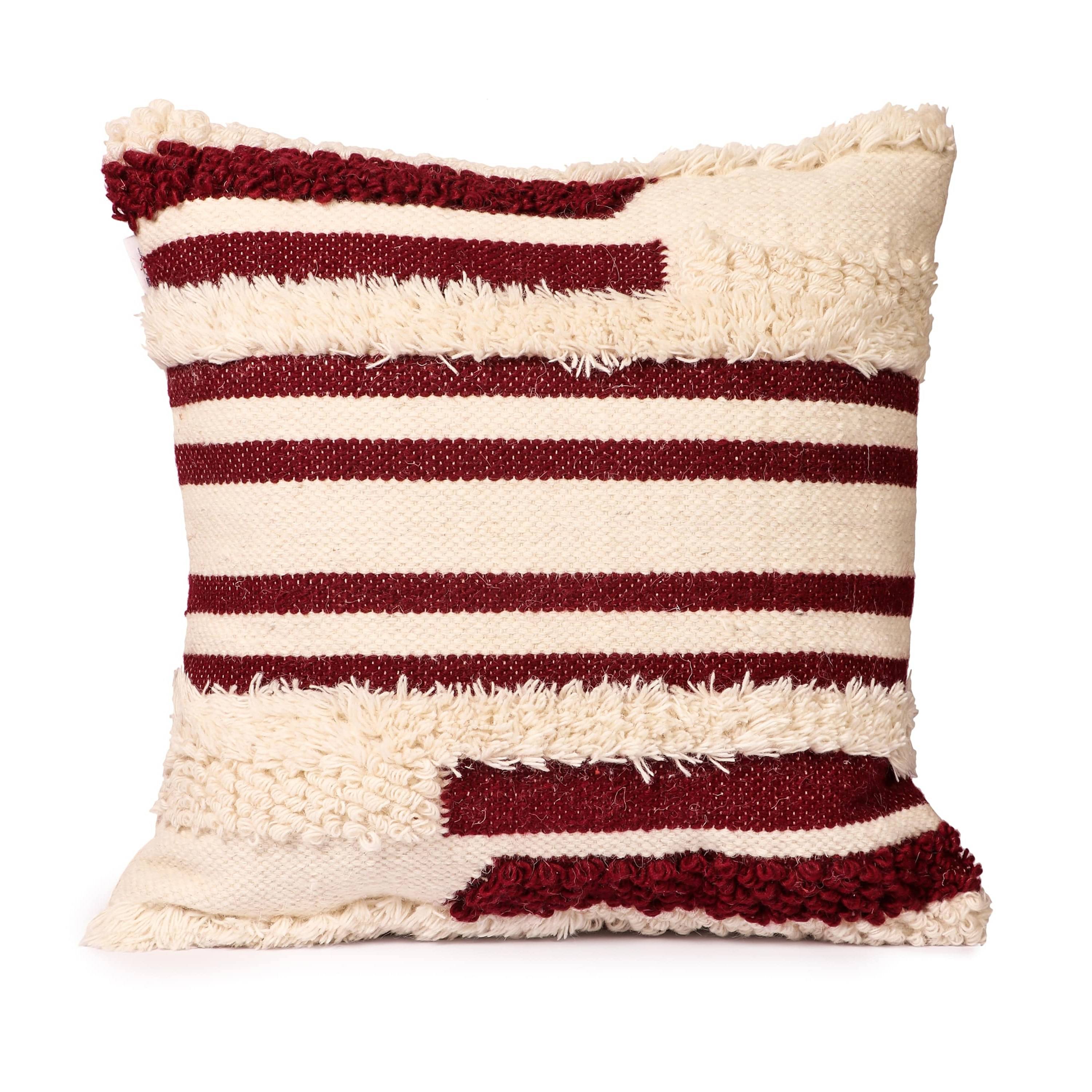 Nomaadi Fuzzy Wine & Neutral Boho Style Handmade Throw/Pillow Cushion Cover (Size- 20x20 inches / 50x50 cms)