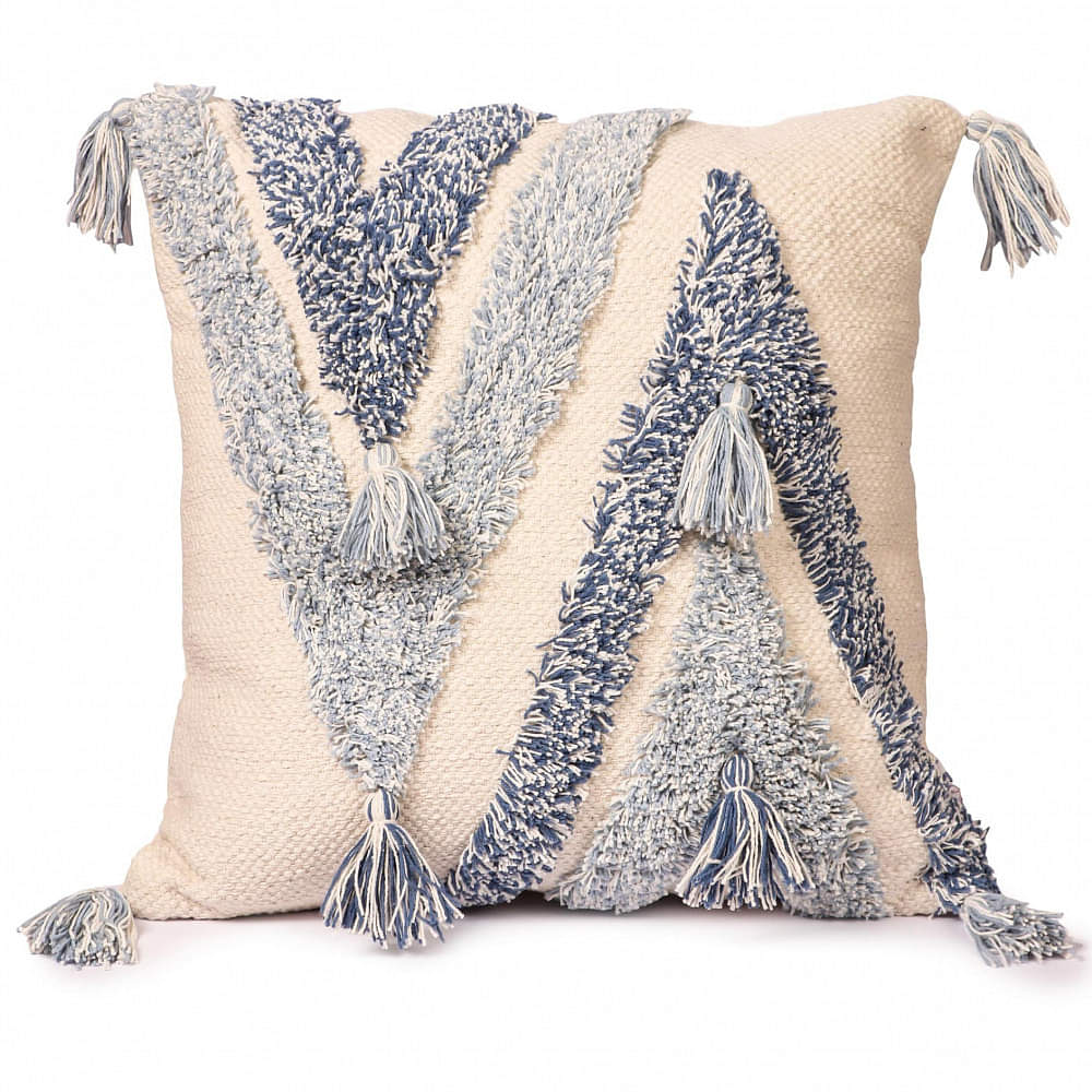Nomaadi Sailor's Blue & Cream Tufted Boho Style Soft Cushion Cover with Tassels (Size: 20x20 Inches / 50x50 cms.) - photo