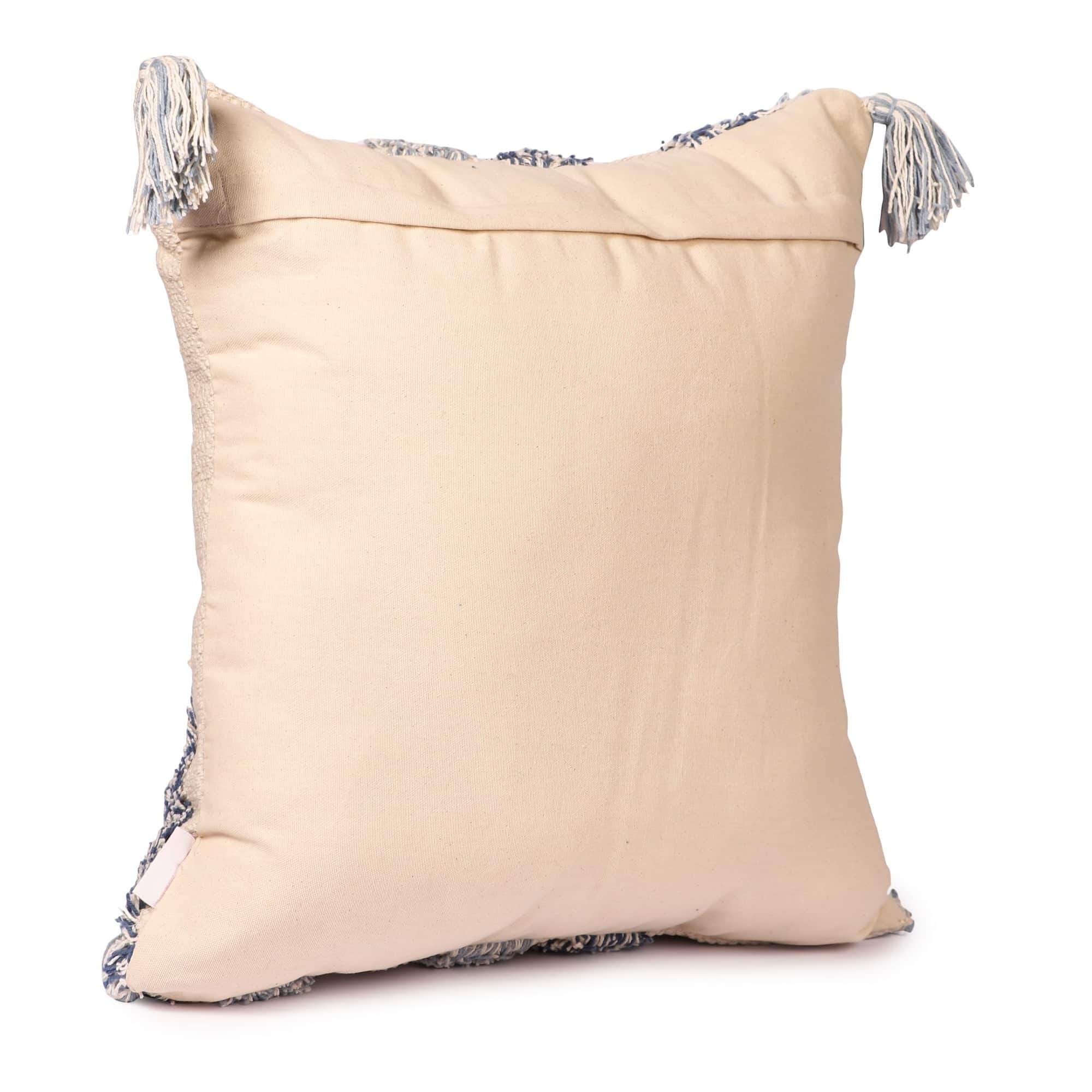Nomaadi Sailor's Blue & Cream Tufted Boho Style Soft Cushion Cover with Tassels (Size: 20x20 Inches / 50x50 cms.) - left_view