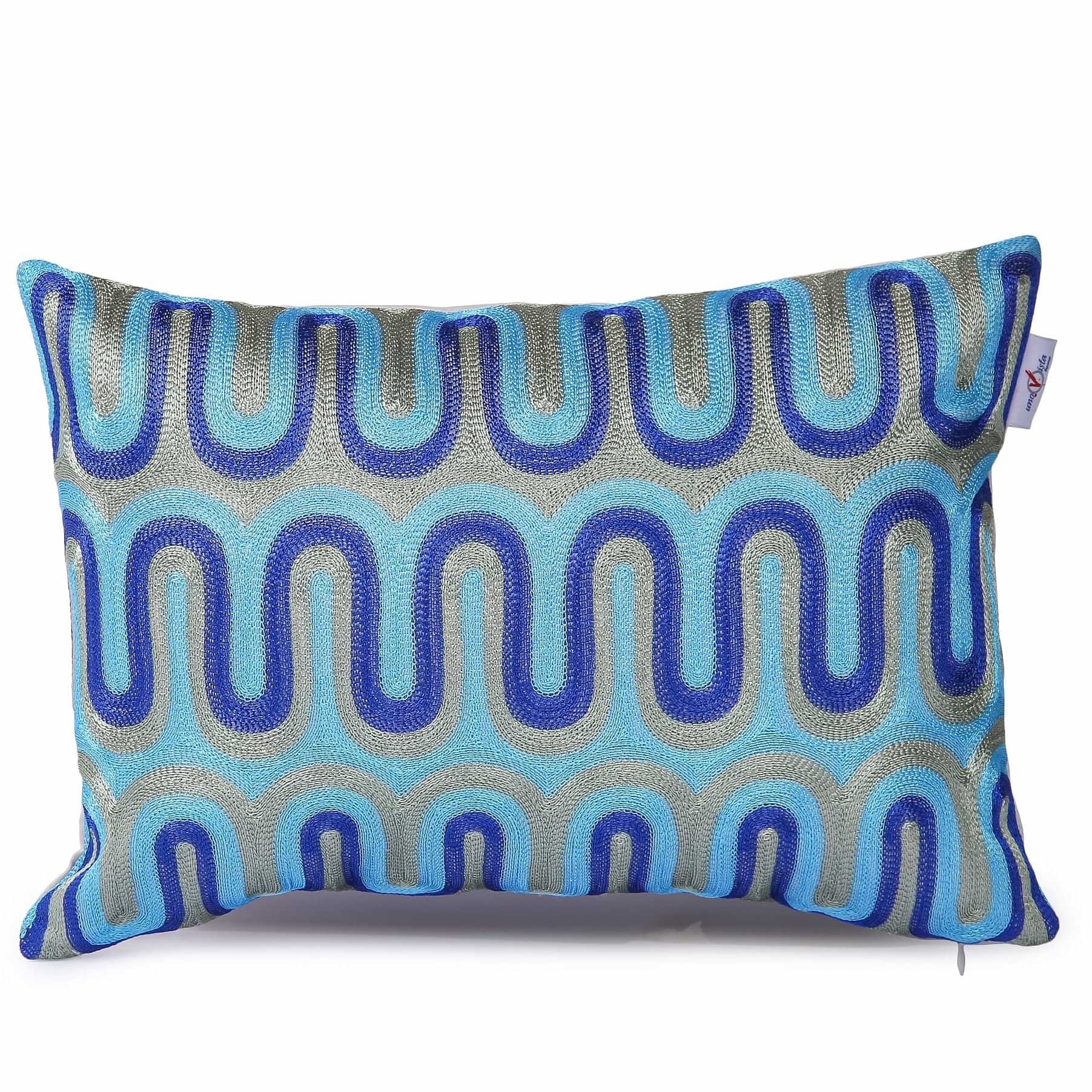Nomaadi Blue Geometrical Embroidered Lumbar Cushion Cover 12x20 inches Home Decor Decorative Throw Pillow Living Room Bed Sofa Chair - photo