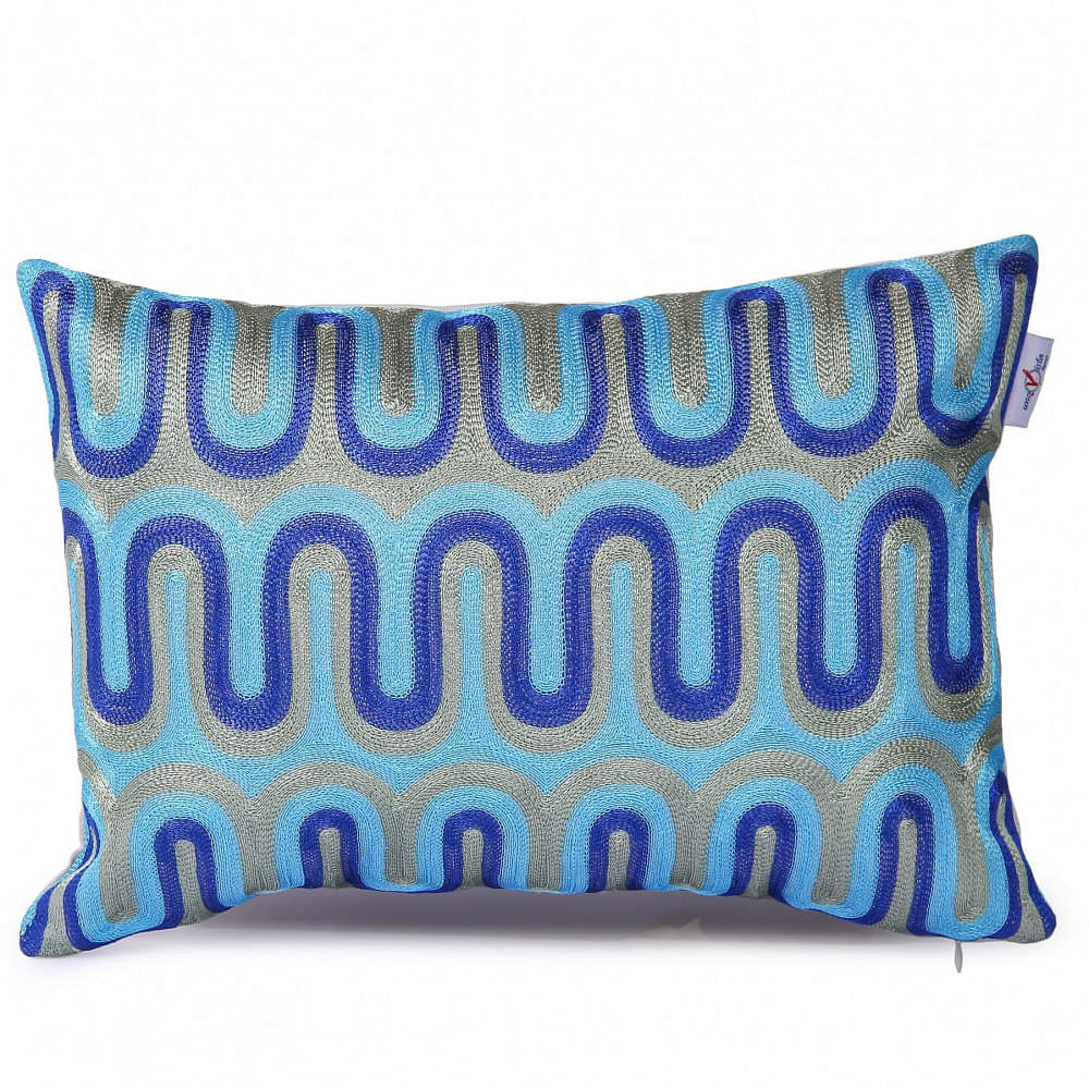 Nomaadi Blue Geometrical Embroidered Lumbar Cushion Cover 12x20 inches Home Decor Decorative Throw Pillow Living Room Bed Sofa Chair - photo