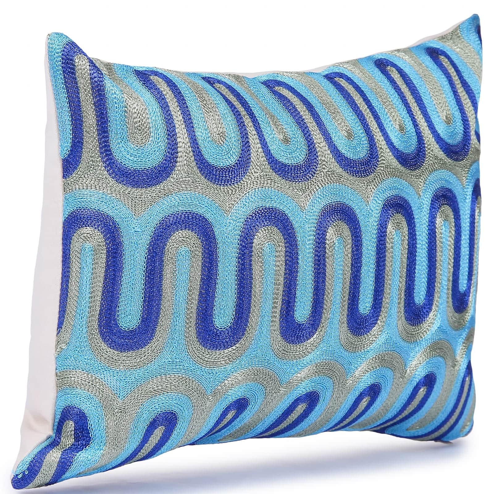 Nomaadi Blue Geometrical Embroidered Lumbar Cushion Cover 12x20 inches Home Decor Decorative Throw Pillow Living Room Bed Sofa Chair - top_view