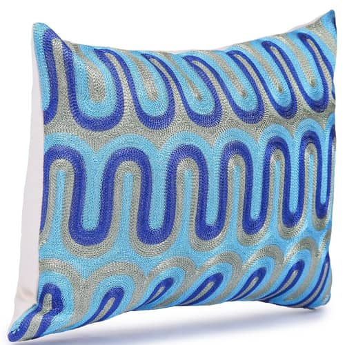 Nomaadi Blue Geometrical Embroidered Lumbar Cushion Cover 12x20 inches Home Decor Decorative Throw Pillow Living Room Bed Sofa Chair