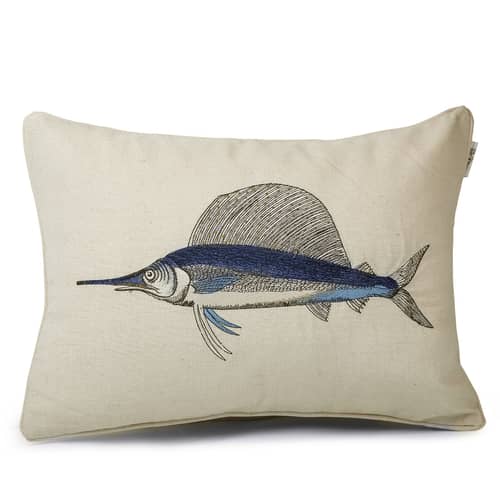 Nomaadi Embroidered Deep Sea Marlin Lumbar Cushion Cover 14 x 20 inches, Ocean Themed Decorative Pillow Cover in Cotton Fabric Bed, Living Room, Sofa