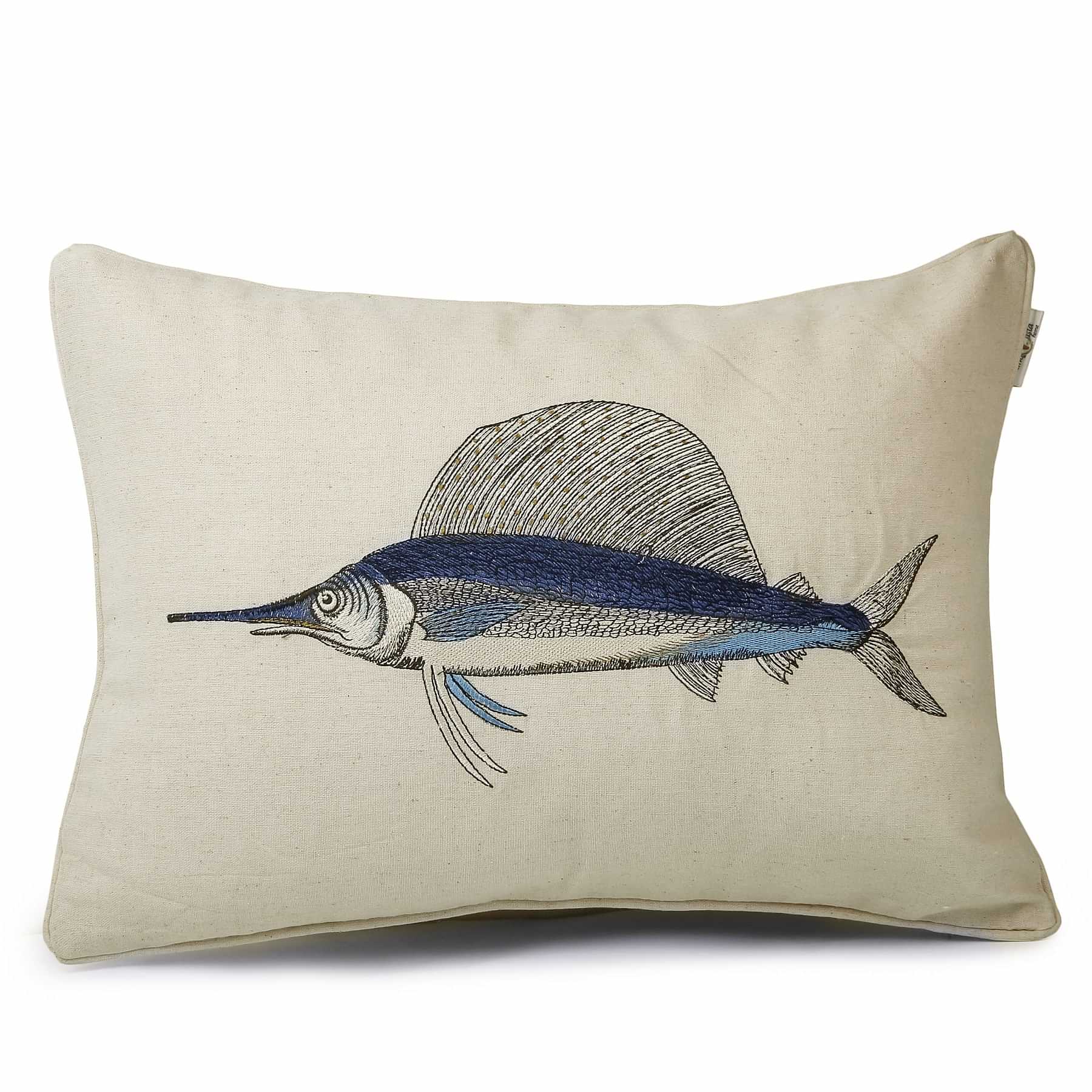 Nomaadi Embroidered Deep Sea Marlin Lumbar Cushion Cover 14 x 20 inches, Ocean Themed Decorative Pillow Cover in Cotton Fabric Bed, Living Room, Sofa - photo