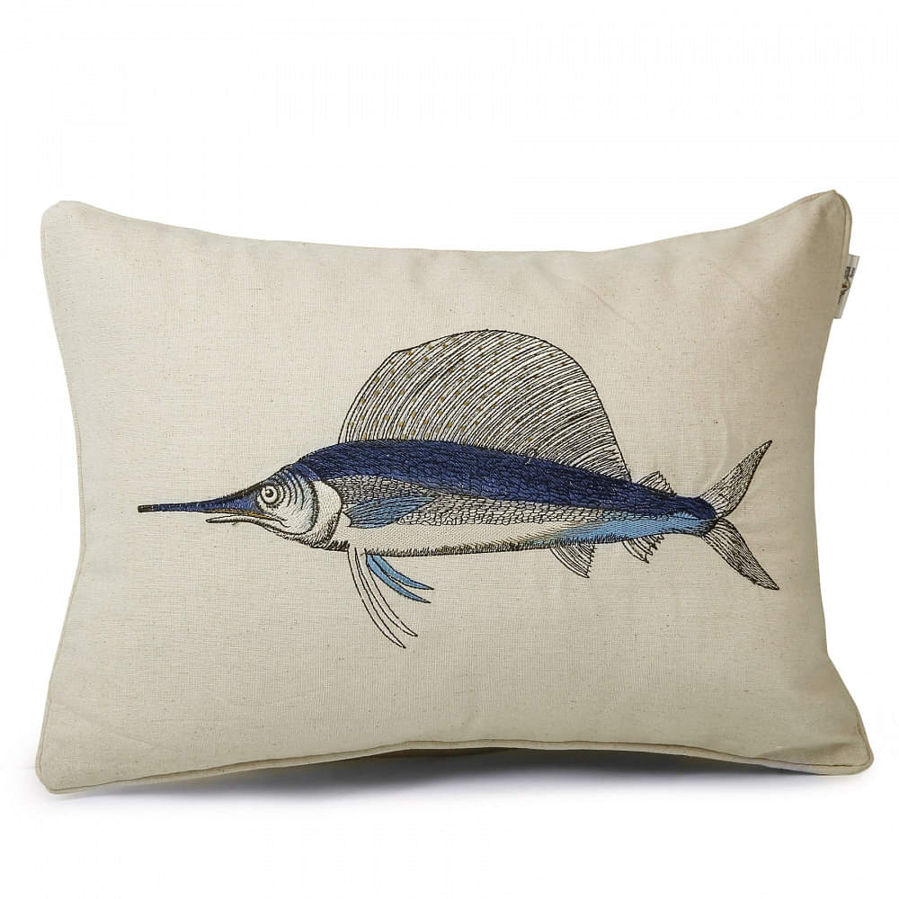 Nomaadi Embroidered Deep Sea Marlin Lumbar Cushion Cover 14 x 20 inches, Ocean Themed Decorative Pillow Cover in Cotton Fabric Bed, Living Room, Sofa - photo